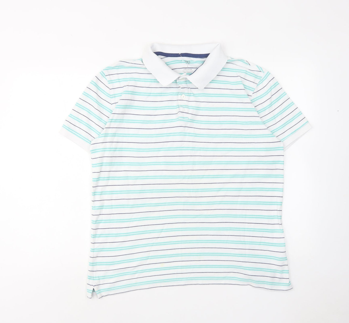 Marks and Spencer Mens Green Striped Cotton Polo Size L Collared Button