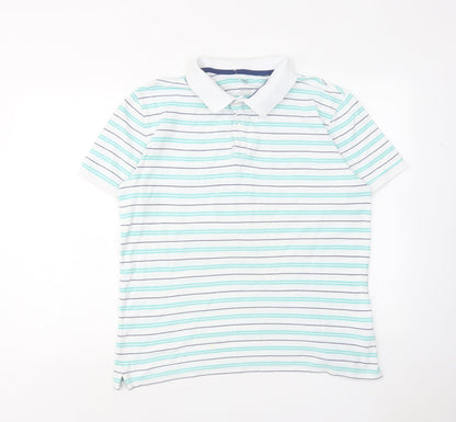 Marks and Spencer Mens Green Striped Cotton Polo Size L Collared Button
