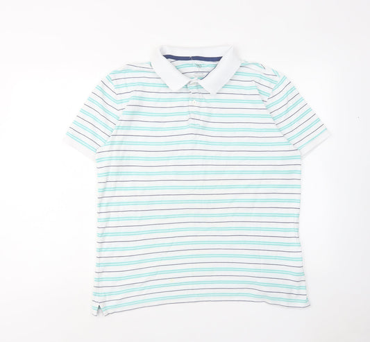 Marks and Spencer Mens Green Striped Cotton Polo Size L Collared Button