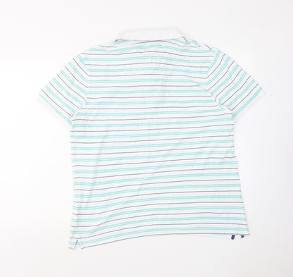 Marks and Spencer Mens Green Striped Cotton Polo Size L Collared Button
