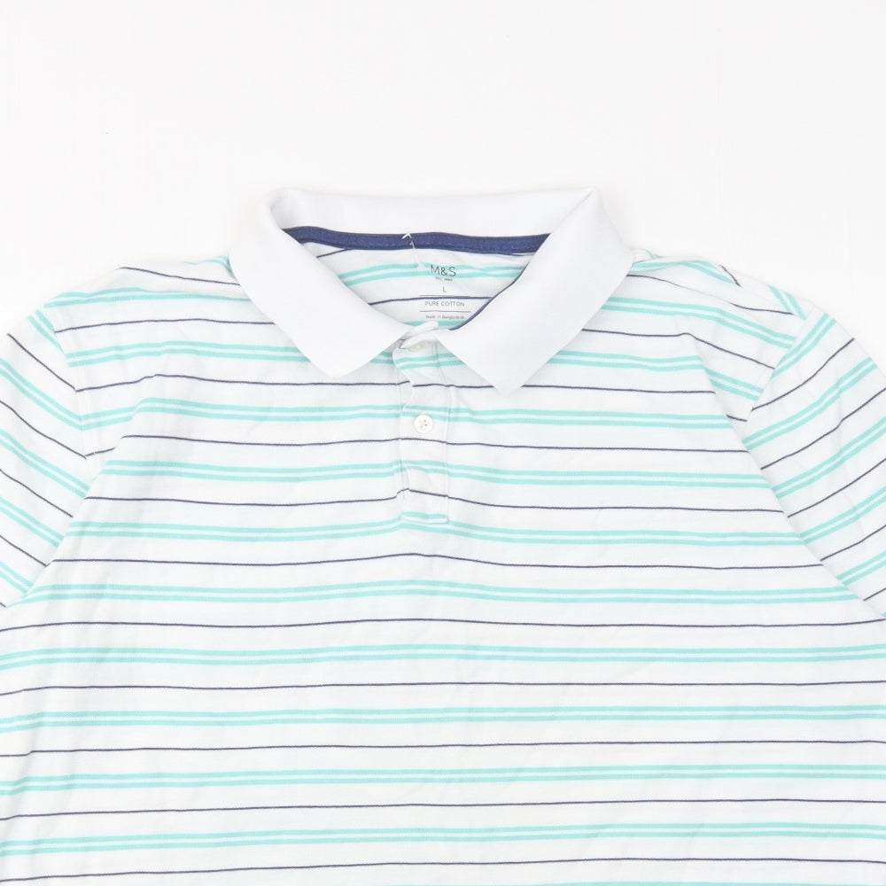 Marks and Spencer Mens Green Striped Cotton Polo Size L Collared Button