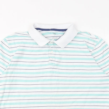 Marks and Spencer Mens Green Striped Cotton Polo Size L Collared Button