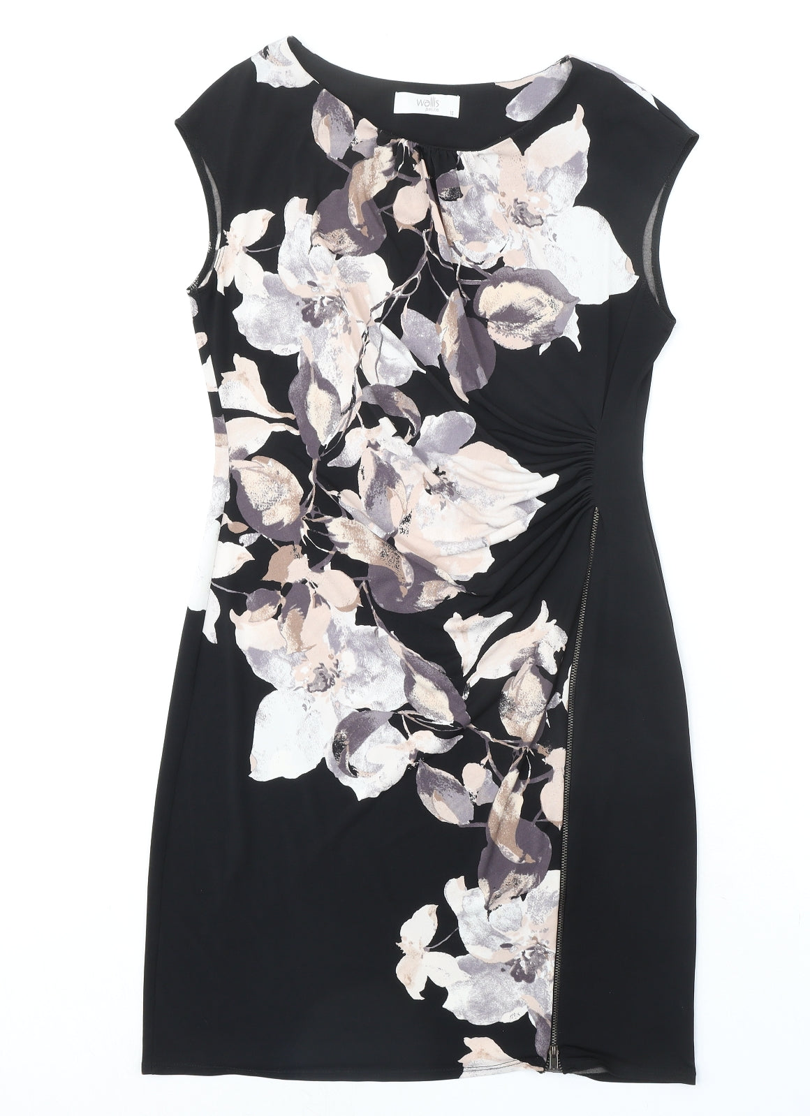 Wallis Womens Black Floral Polyester Shift Size 10 Boat Neck Zip