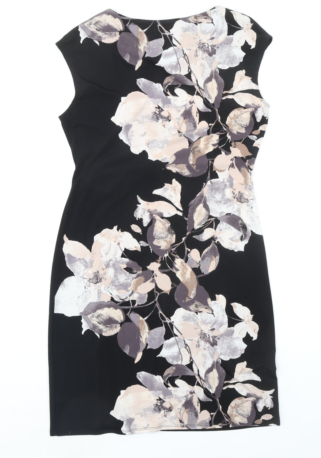 Wallis Womens Black Floral Polyester Shift Size 10 Boat Neck Zip