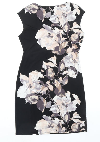 Wallis Womens Black Floral Polyester Shift Size 10 Boat Neck Zip