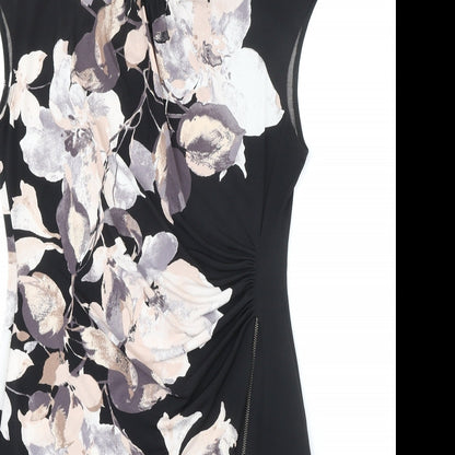 Wallis Womens Black Floral Polyester Shift Size 10 Boat Neck Zip