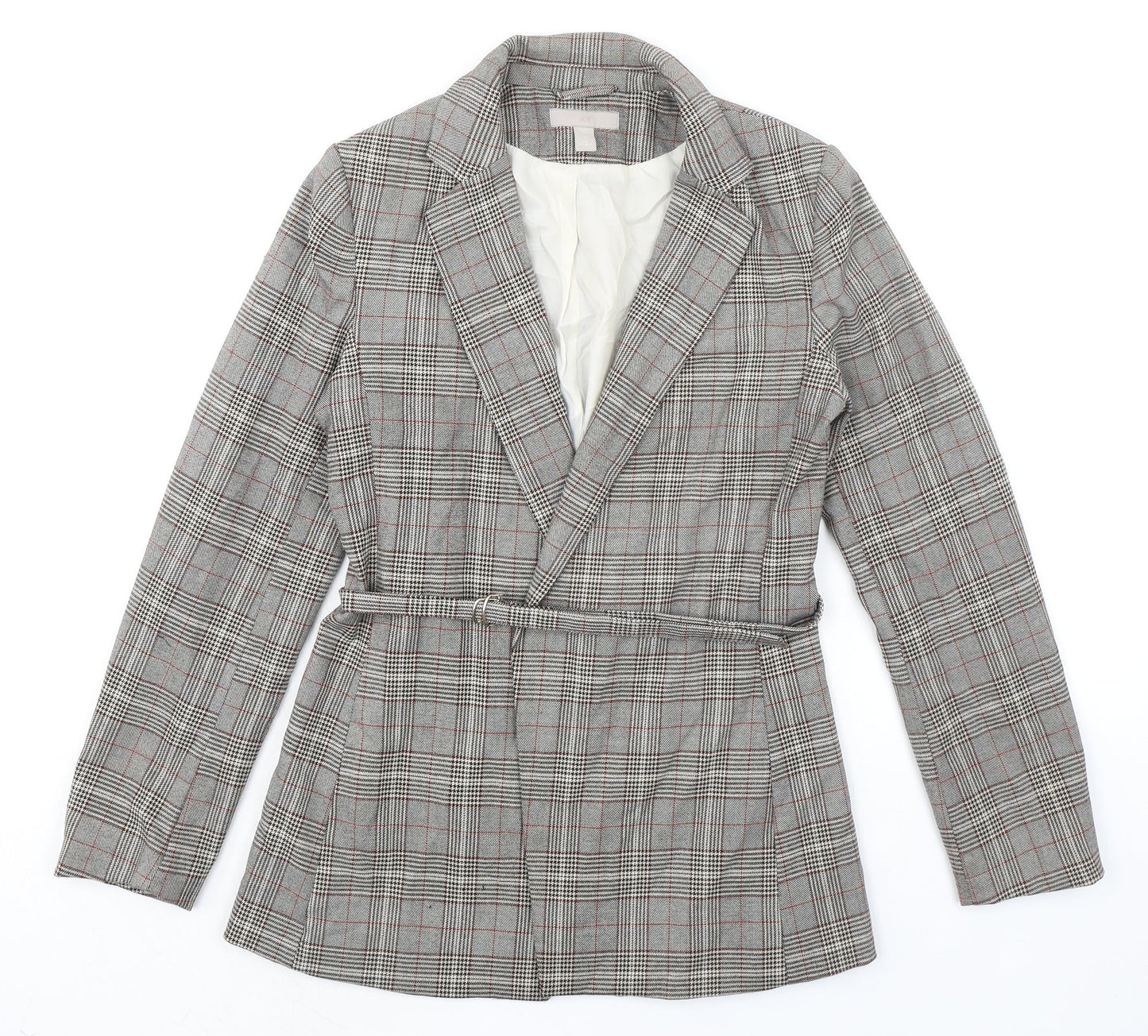 H&M Womens Grey Plaid Jacket Blazer Size 8 Tie
