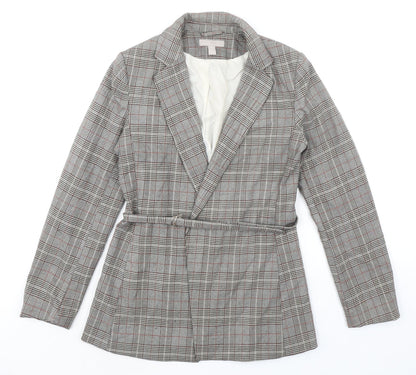 H&M Womens Grey Plaid Jacket Blazer Size 8 Tie