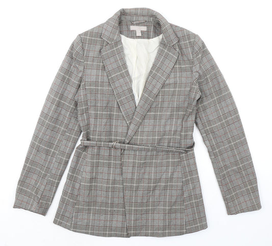 H&M Womens Grey Plaid Jacket Blazer Size 8 Tie