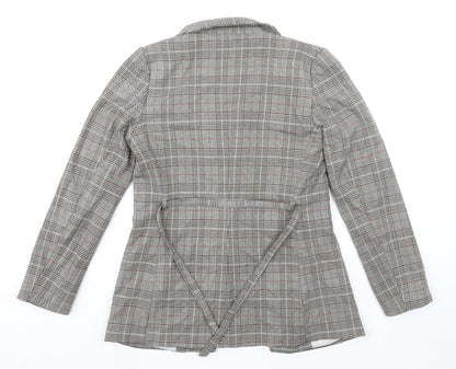 H&M Womens Grey Plaid Jacket Blazer Size 8 Tie