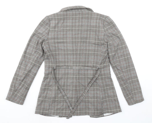 H&M Womens Grey Plaid Jacket Blazer Size 8 Tie