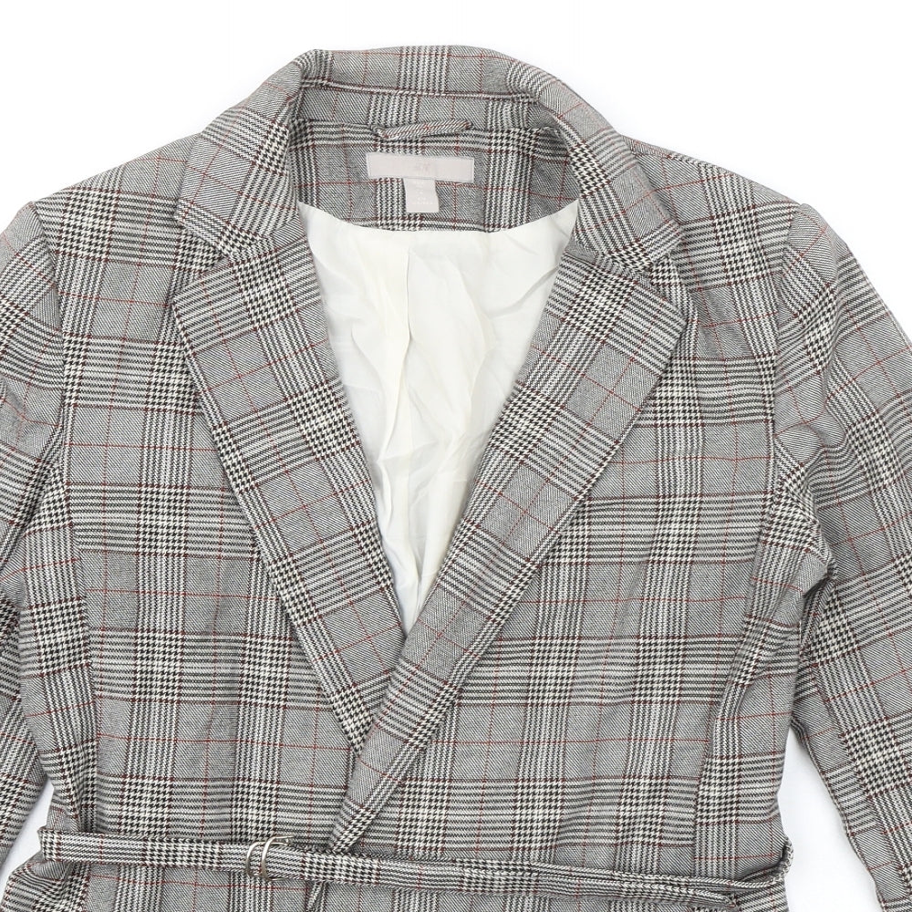 H&M Womens Grey Plaid Jacket Blazer Size 8 Tie