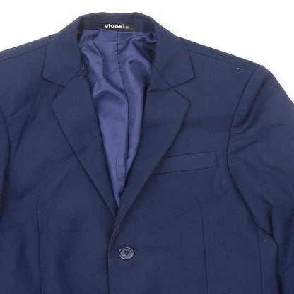 Close-up detail of VivaKi boys’ blue jacket, size 8, years button - suit jacket