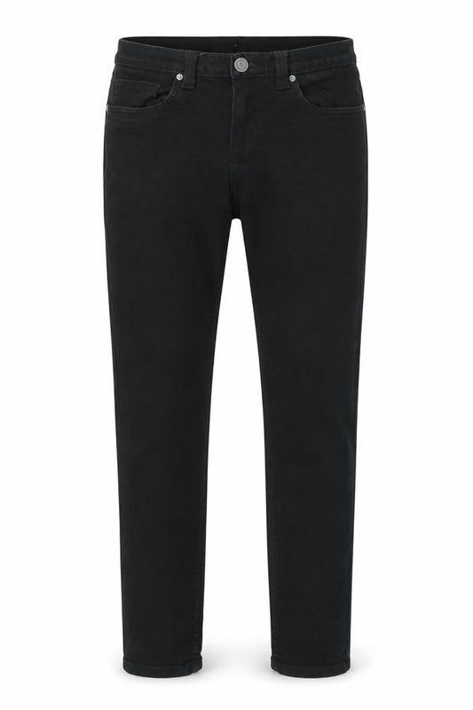 Front view of Denim & Co. men’s black cotton skinny jeans, size 30, in, 32-inch leg regular zip