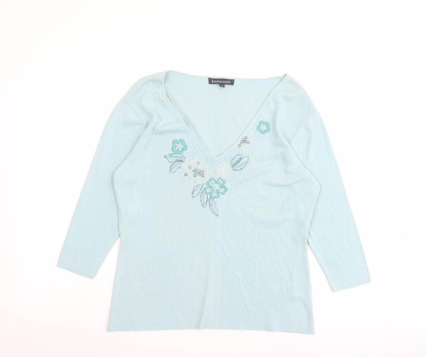 Karen Scott Womens Green V-Neck Nylon Pullover Jumper Size 12