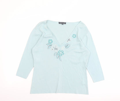 Karen Scott Womens Green V-Neck Nylon Pullover Jumper Size 12