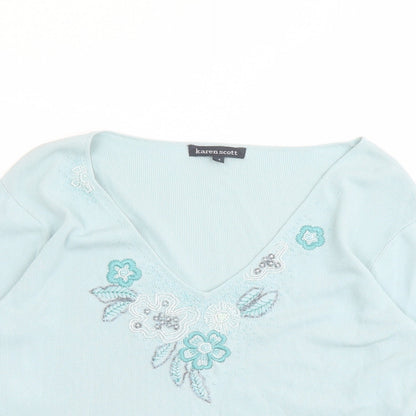 Karen Scott Womens Green V-Neck Nylon Pullover Jumper Size 12