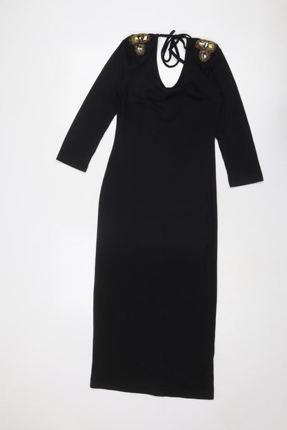 Rare Womens Black Cotton Shift Size 8 Scoop Neck Tie
