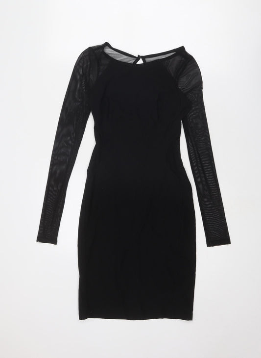 Miss Selfridge Womens Black Viscose Shift Size 8 Round Neck Zip - Sheer Sleeves