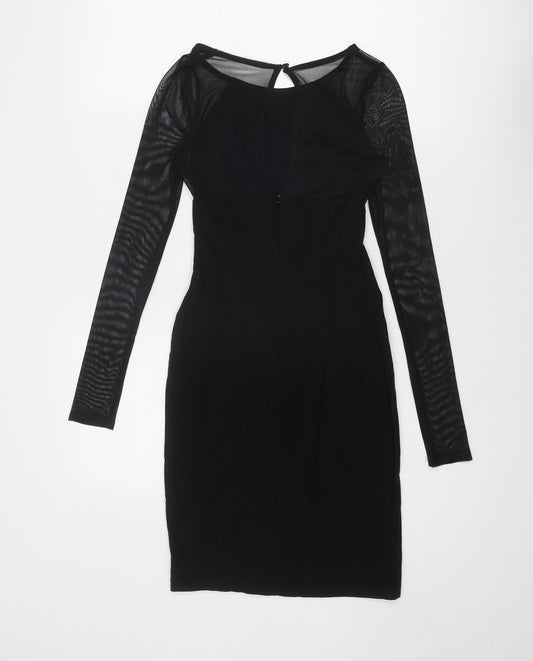 Miss Selfridge Womens Black Viscose Shift Size 8 Round Neck Zip - Sheer Sleeves