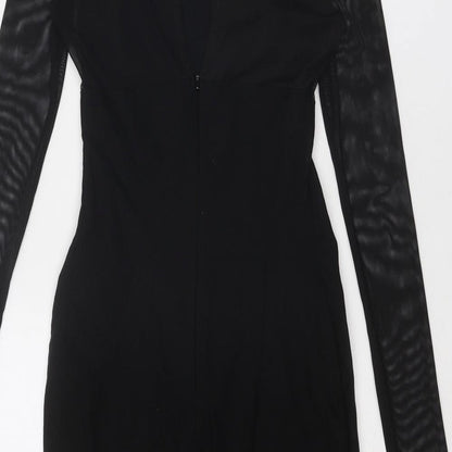 Miss Selfridge Womens Black Viscose Shift Size 8 Round Neck Zip - Sheer Sleeves