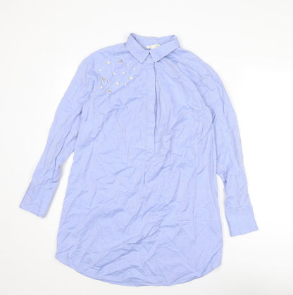 H&M Womens Blue Cotton Shirt Dress Size XS Collared Button