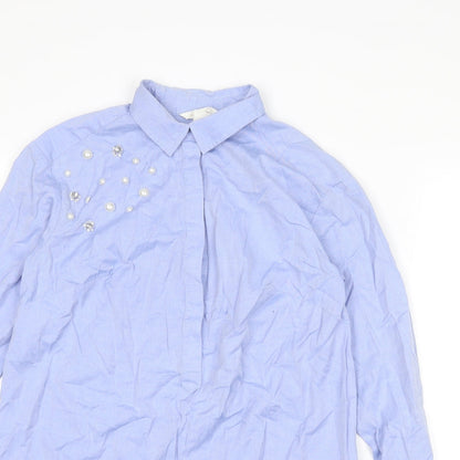 H&M Womens Blue Cotton Shirt Dress Size XS Collared Button