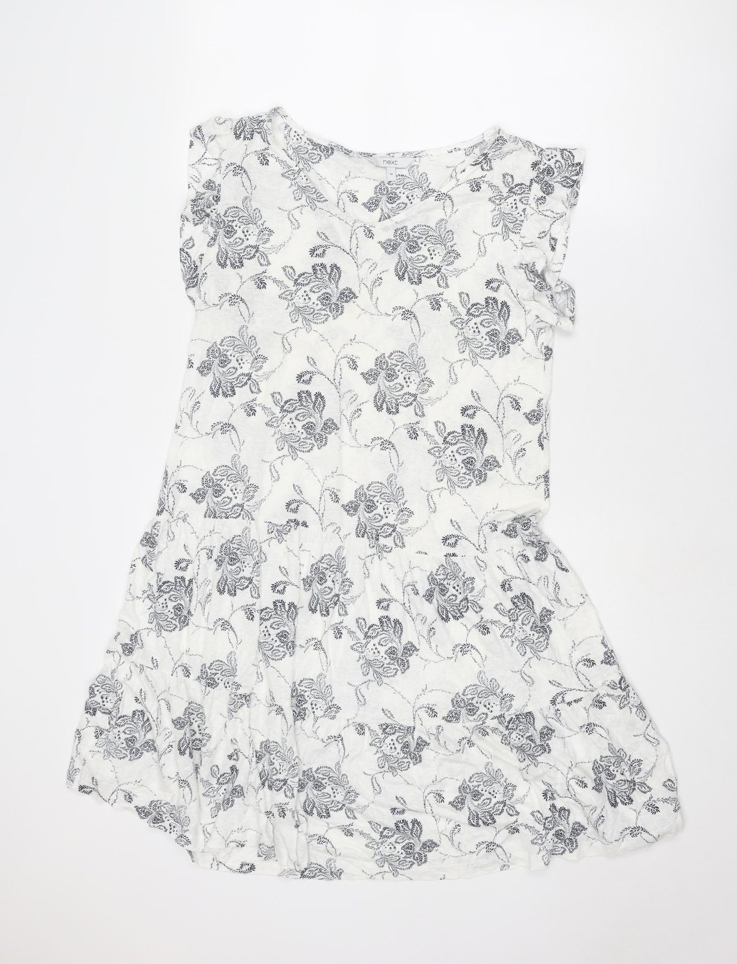 NEXT Womens White Floral Linen Fit & Flare Size 10 V-Neck Pullover