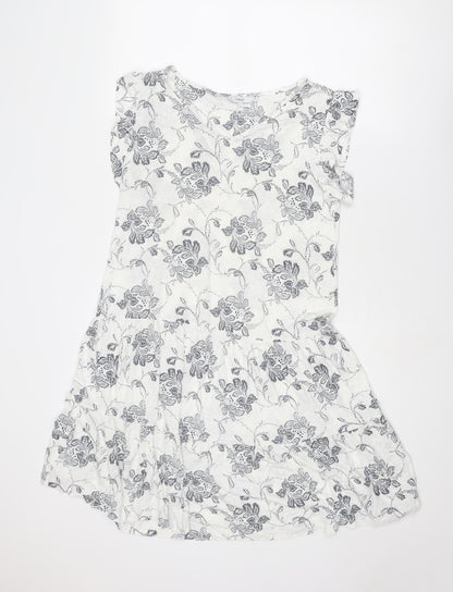 NEXT Womens White Floral Linen Fit & Flare Size 10 V-Neck Pullover