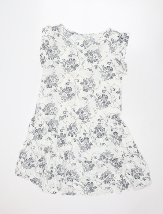 NEXT Womens White Floral Linen Fit & Flare Size 10 V-Neck Pullover