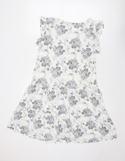 NEXT Womens White Floral Linen Fit & Flare Size 10 V-Neck Pullover