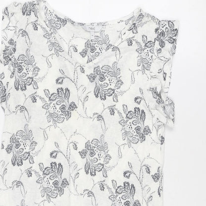 NEXT Womens White Floral Linen Fit & Flare Size 10 V-Neck Pullover