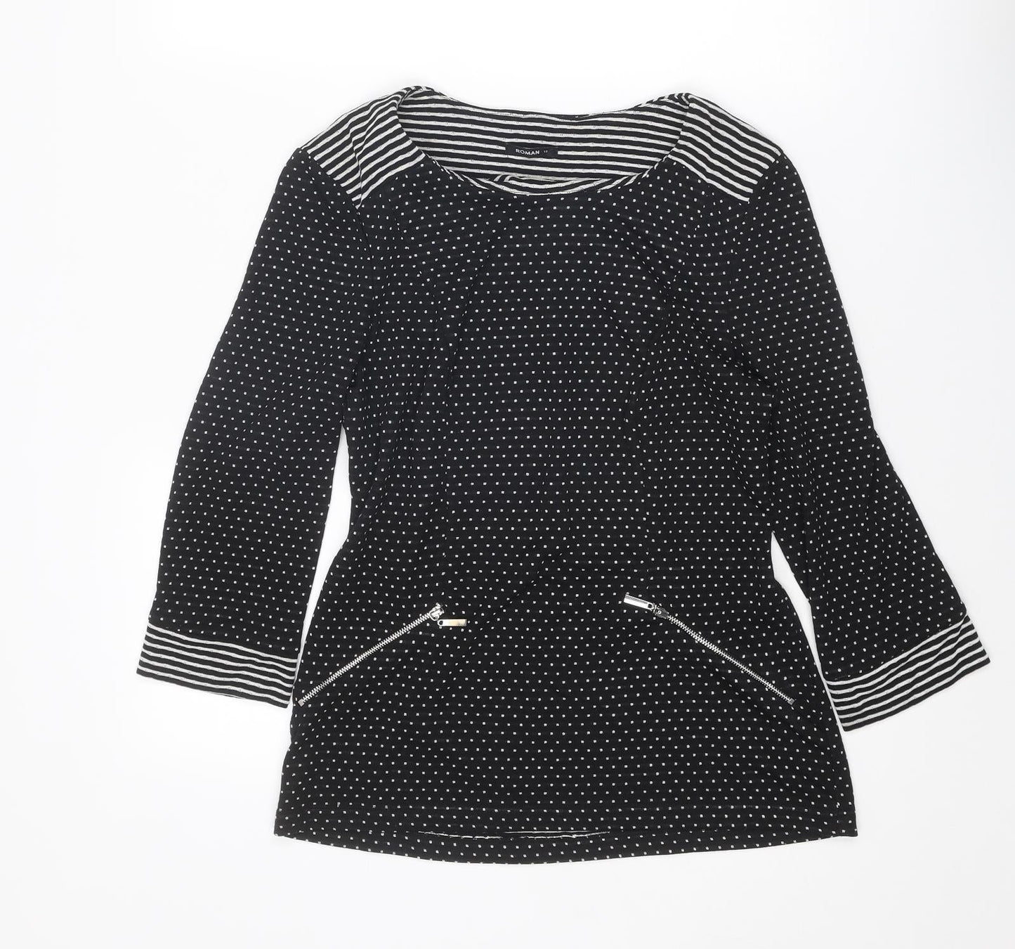 Roman Womens Black Polka Dot Polyester Basic Blouse Size 12 Round Neck