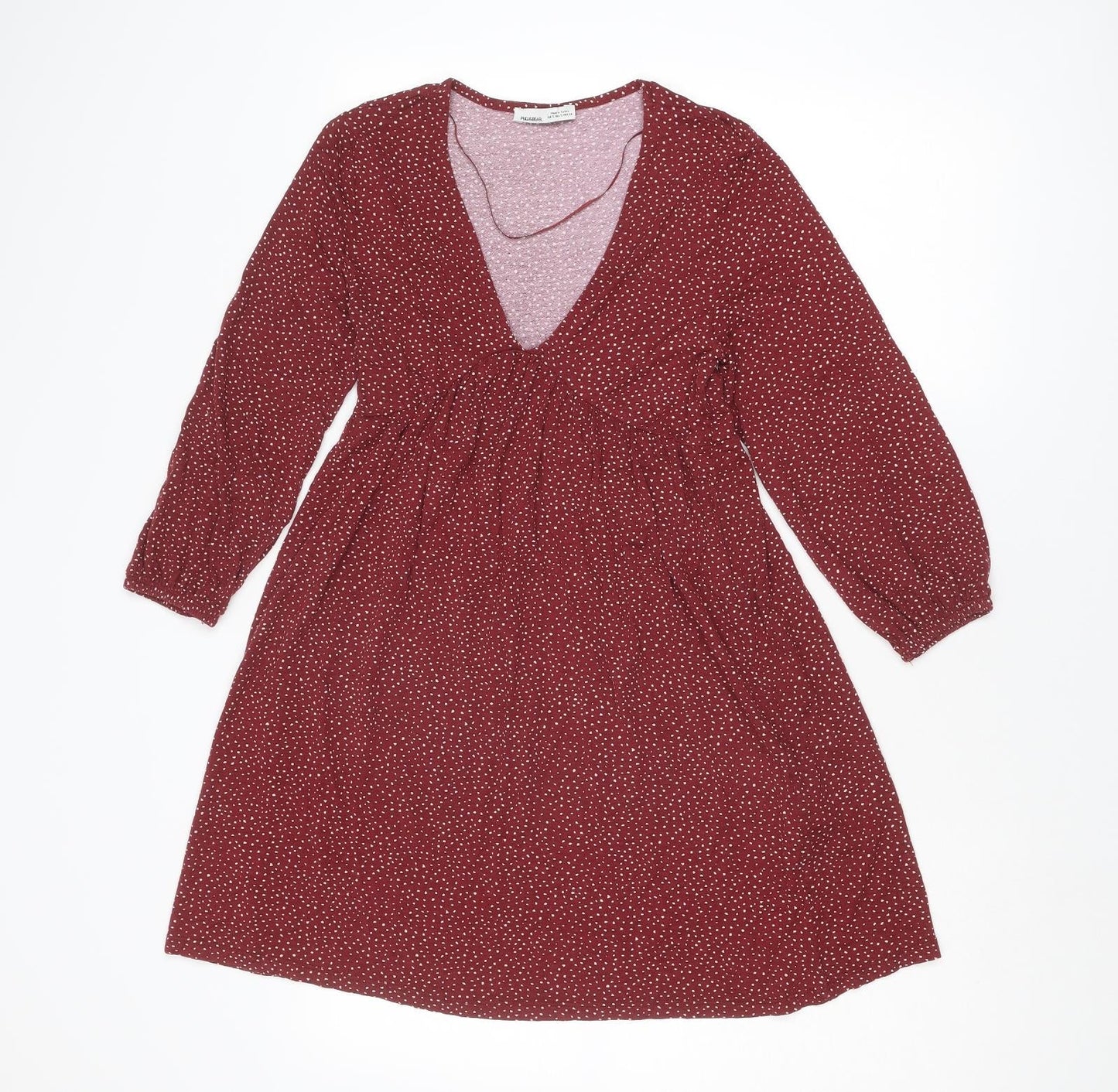 Pull&Bear Womens Red Geometric Viscose A-Line Size S V-Neck Pullover