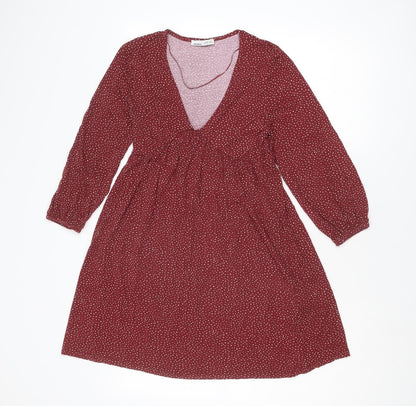 Pull&Bear Womens Red Geometric Viscose A-Line Size S V-Neck Pullover