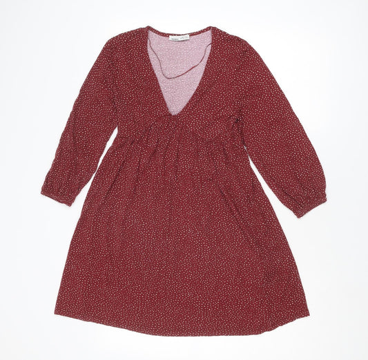 Pull&Bear Womens Red Geometric Viscose A-Line Size S V-Neck Pullover