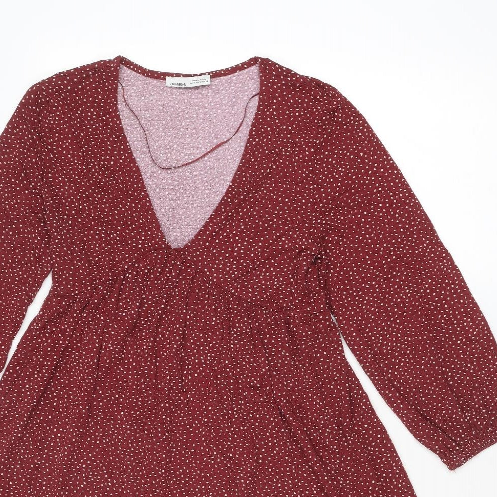 Pull&Bear Womens Red Geometric Viscose A-Line Size S V-Neck Pullover