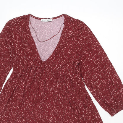 Pull&Bear Womens Red Geometric Viscose A-Line Size S V-Neck Pullover