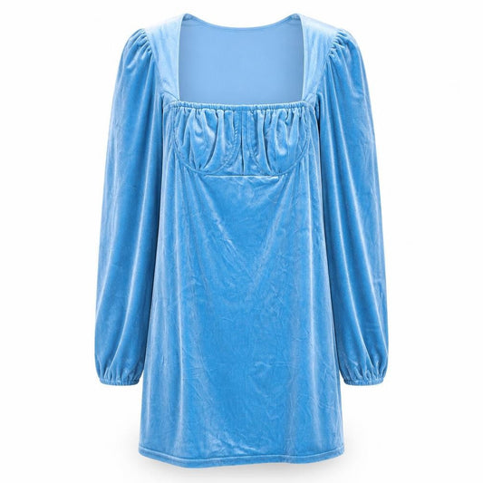 Front view of In the Style women’s blue polyester shift, size UK 10, square neck pullover