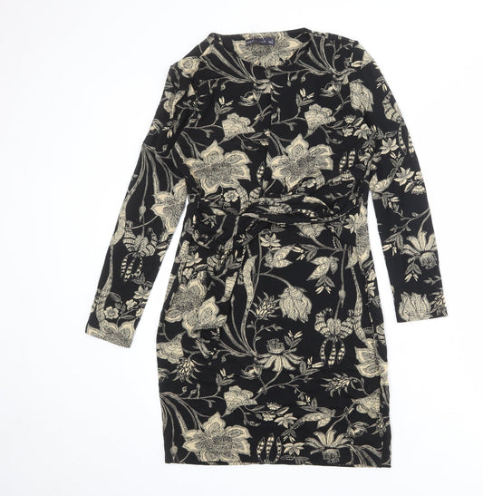 Marks and Spencer Womens Black Floral Viscose Sheath Size 10 Round Neck Pullover