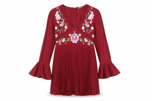 Front view of ASOS women’s red floral polyester shift, size UK 8, v-neck zip - ruffle sleeve