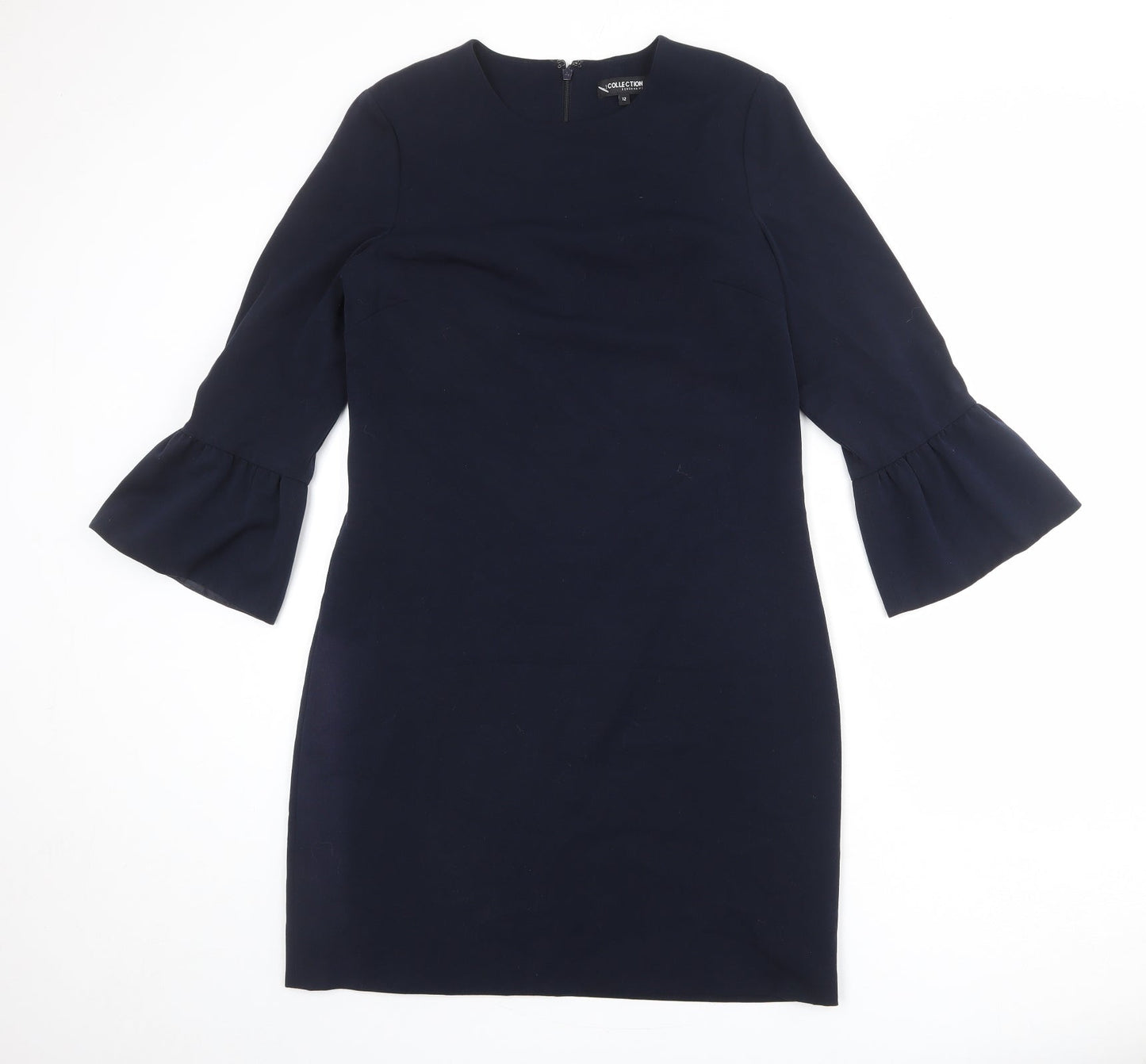 Debenhams Womens Blue Polyester Sheath Size 12 Round Neck Zip - Ruffle Sleeve