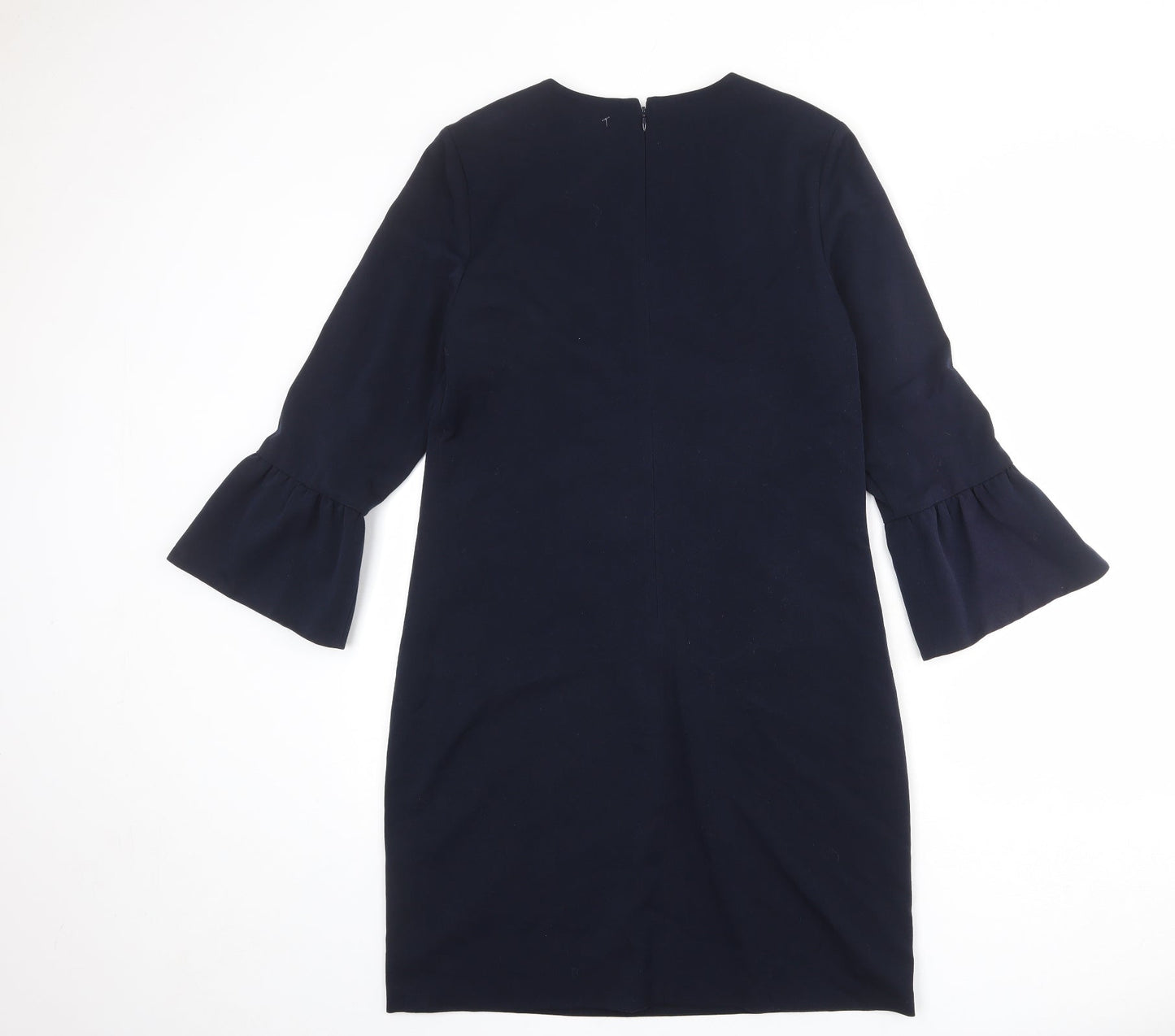 Debenhams Womens Blue Polyester Sheath Size 12 Round Neck Zip - Ruffle Sleeve