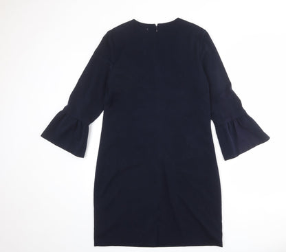 Debenhams Womens Blue Polyester Sheath Size 12 Round Neck Zip - Ruffle Sleeve