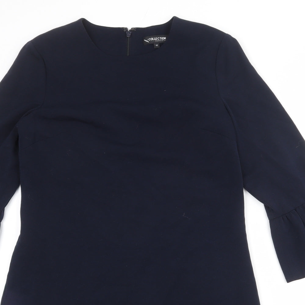 Debenhams Womens Blue Polyester Sheath Size 12 Round Neck Zip - Ruffle Sleeve
