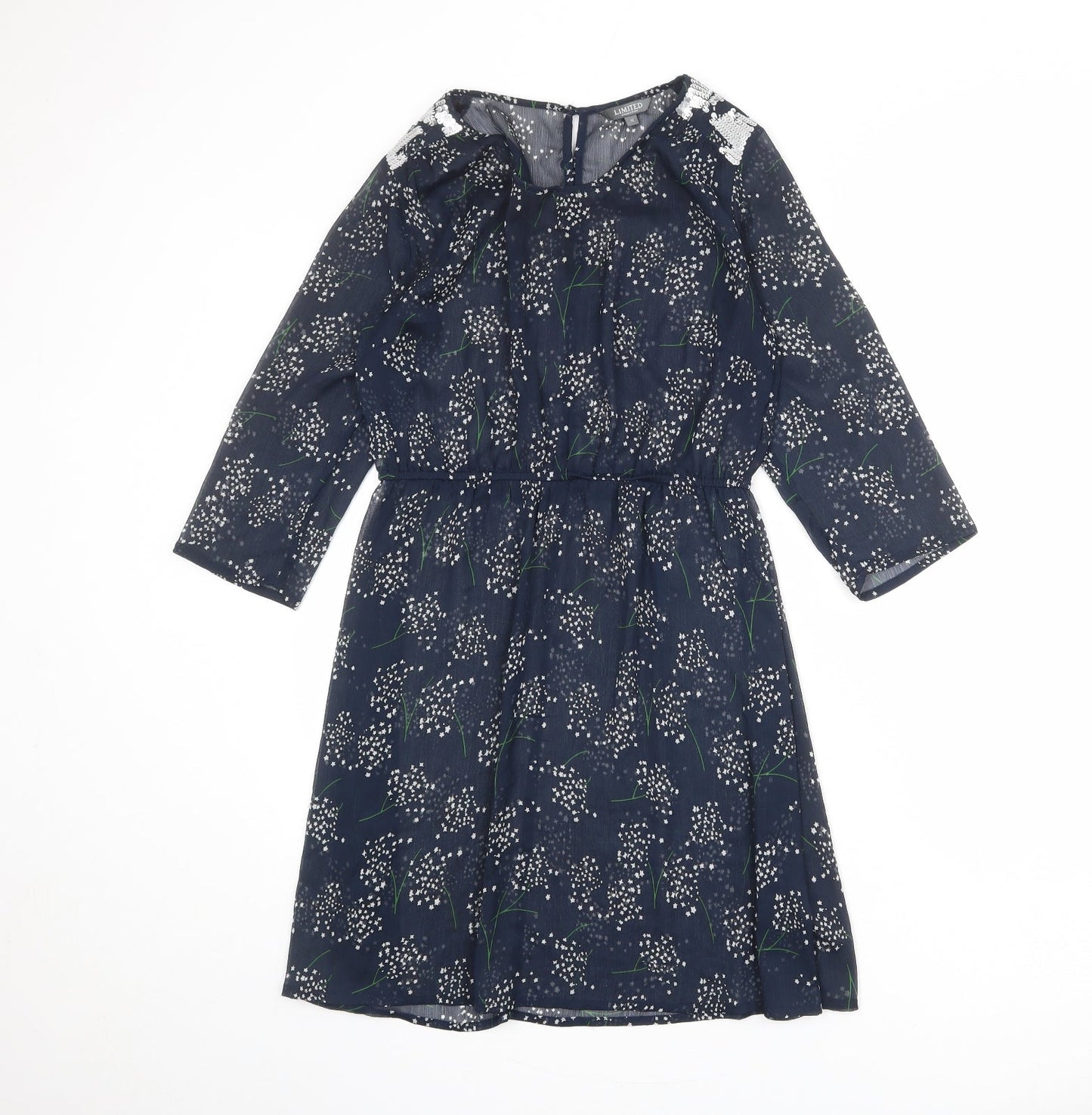 Limited Collection Womens Blue Floral Polyester A-Line Size 10 Round Neck Button