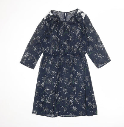 Limited Collection Womens Blue Floral Polyester A-Line Size 10 Round Neck Button