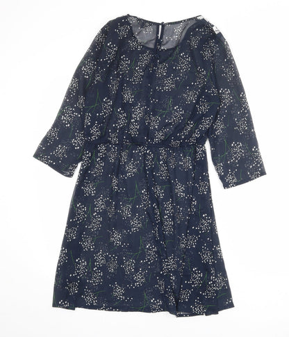 Limited Collection Womens Blue Floral Polyester A-Line Size 10 Round Neck Button