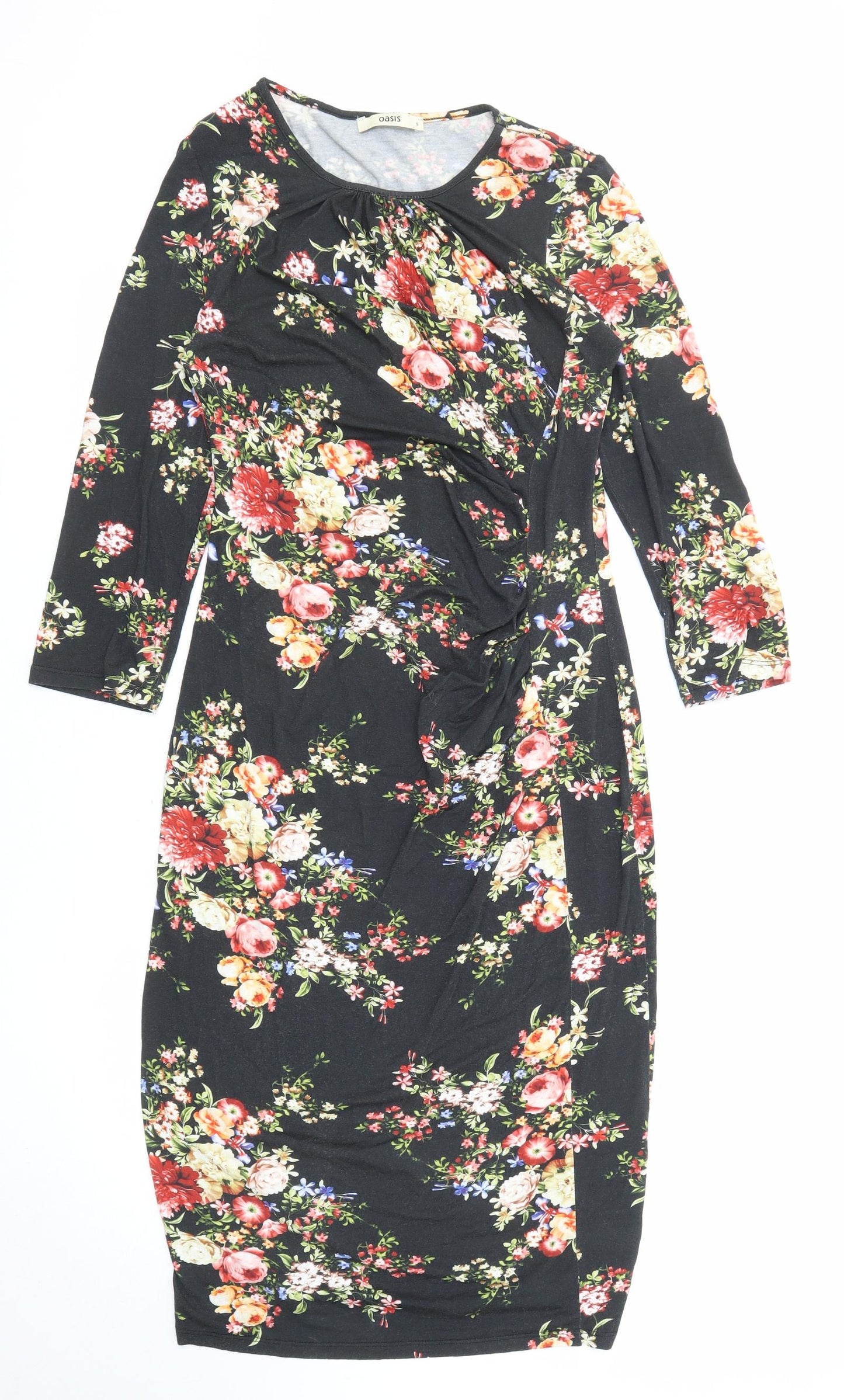 Oasis Womens Black Floral Viscose Shift Size S Round Neck Pullover