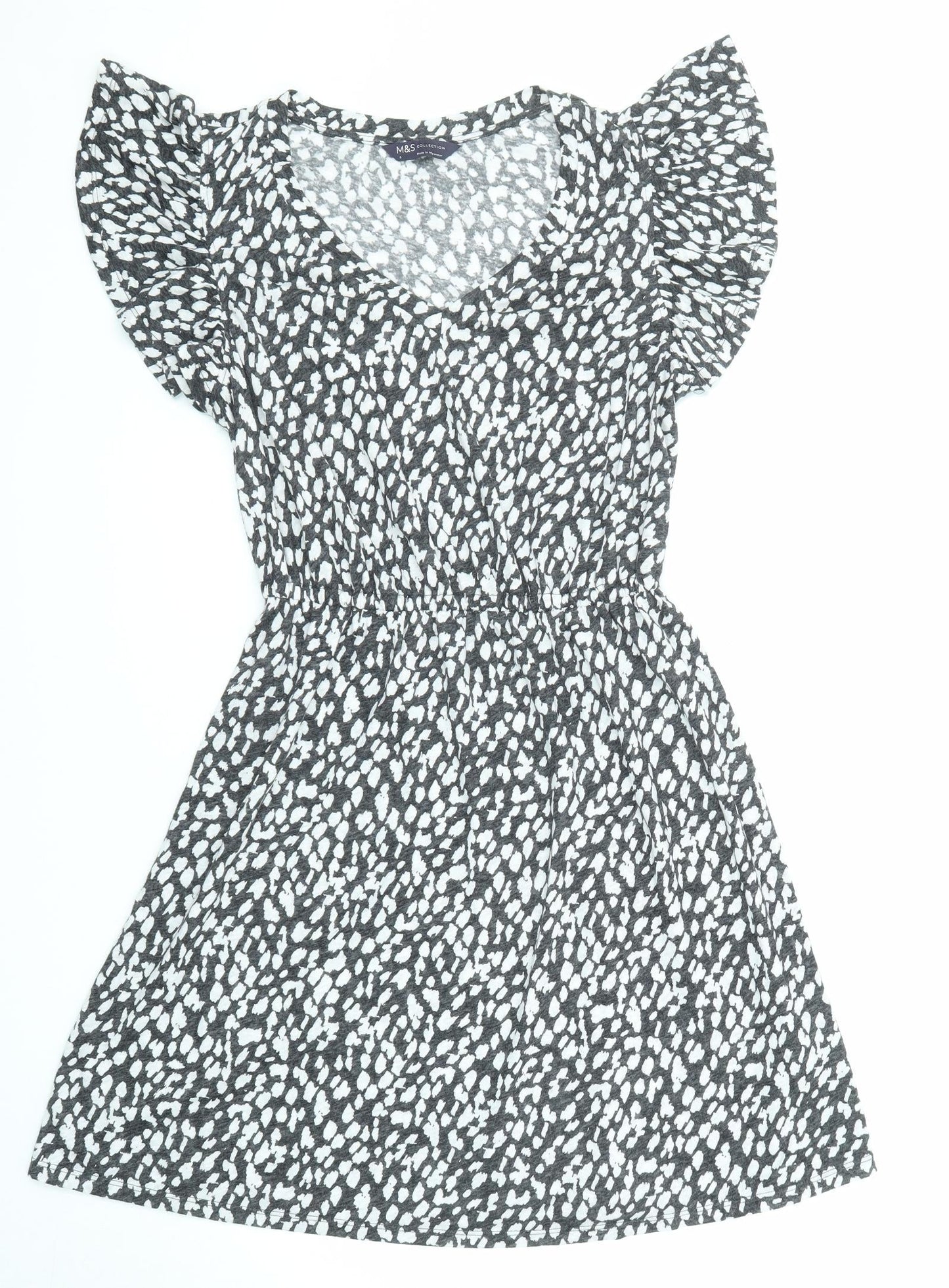 Marks and Spencer Womens Black Animal Print Linen Fit & Flare Size 6 V-Neck Pullover - Ruffle Sleeve